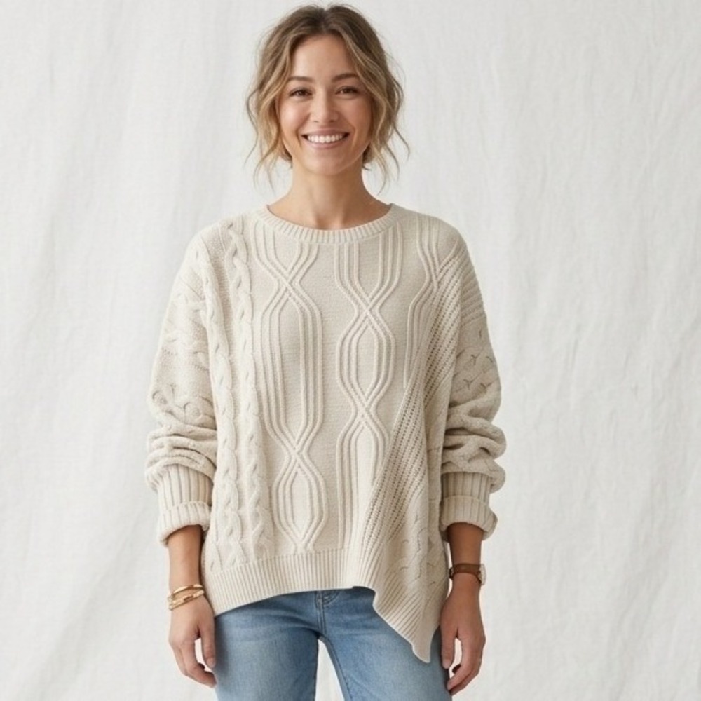 Maeve‎ Anthropologie Cable Knit Sweater Womens XS Cream Coastal Oversized